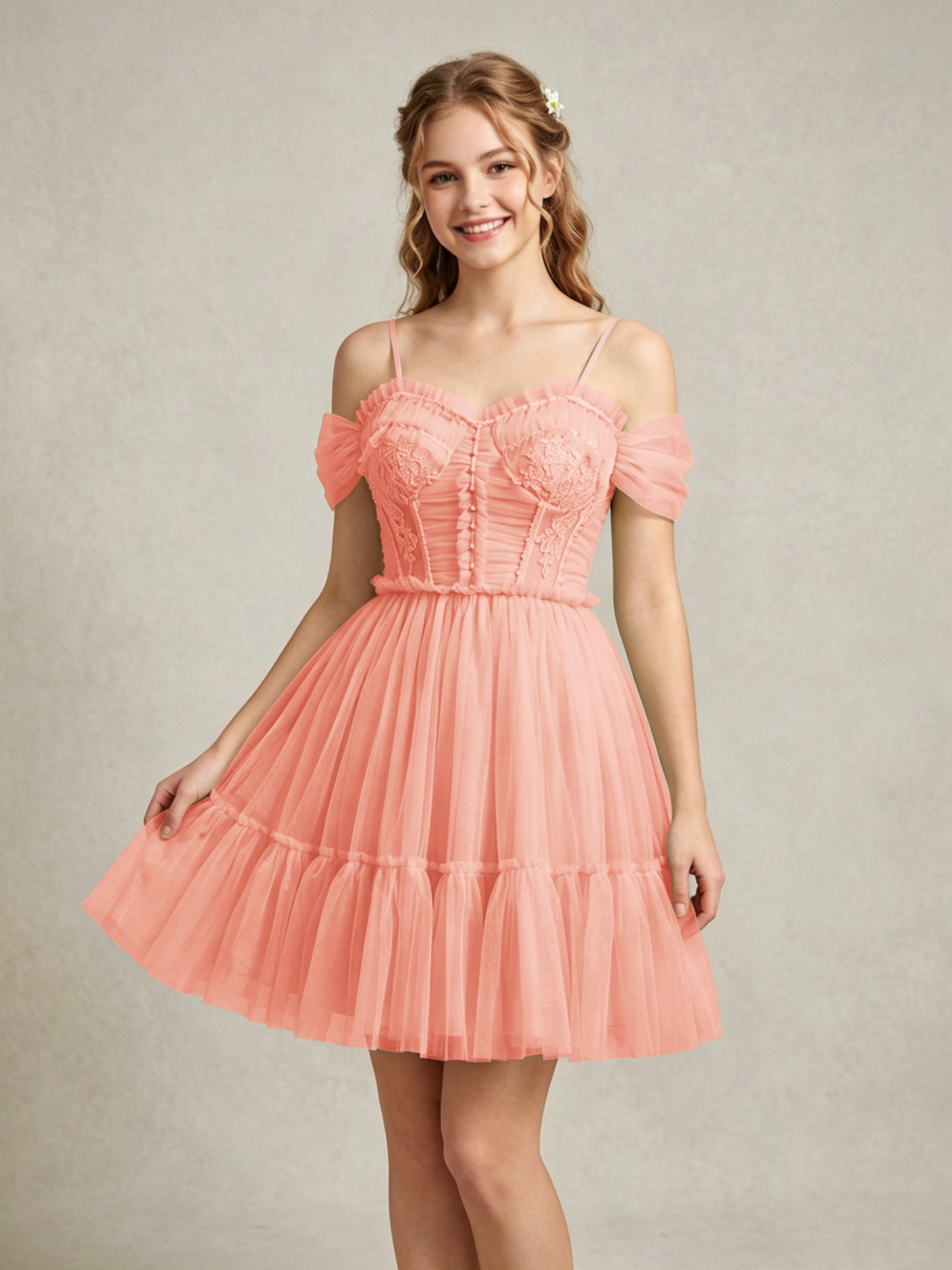 Cold Shoulder Lilac Tulle Dresses with Corset Bodice and Lace Appliques
