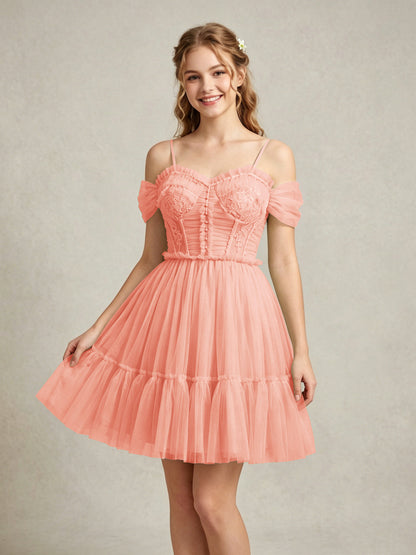 Cold Shoulder Lilac Tulle Dresses with Corset Bodice and Lace Appliques