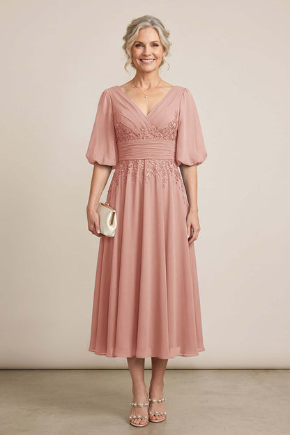 Dusty Blue V-Neck Lace Chiffon Tea-Length Mother Dresses