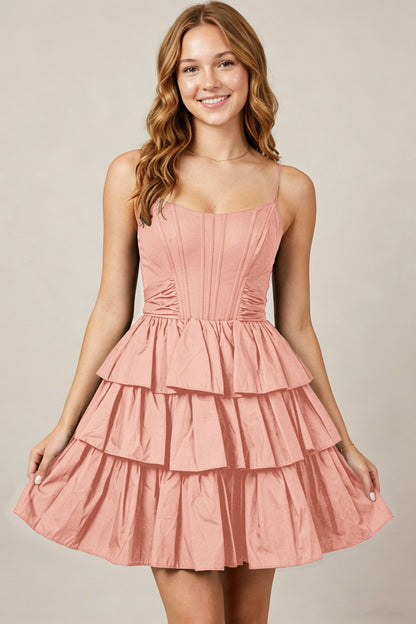 Spaghetti Straps Black Taffeta Tiered Mini Homecoming Dresses
