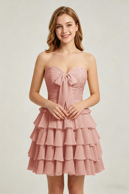 Strapless Yellow Chiffon Tiered Short Homecoming Dresses with Bow