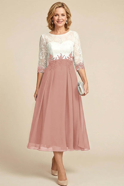 Navy Blue 3/4 Sleeve Two-Tone Lace Chiffon Mother Dresses