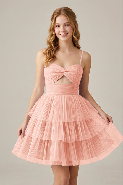 Olive Green Sleeveless Pleated Tulle Cutout Tiered Homecoming Dresses