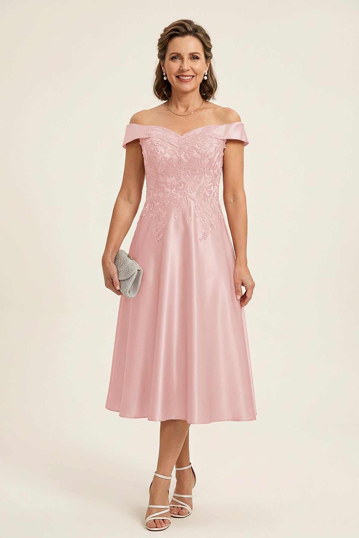 Peach Pink Off Shoulder Imitation Stretch Satin Tea-Length Mother Dresses