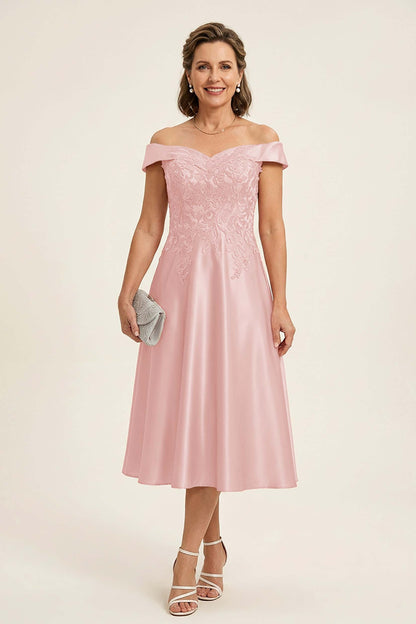 Peach Pink Off Shoulder Imitation Stretch Satin Tea-Length Mother Dresses