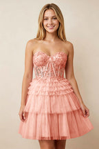 Strapless Misty Rose Lace Illusion Corset Glitter Tulle Homecoming Dresses