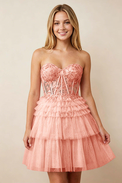 Strapless Misty Rose Lace Illusion Corset Glitter Tulle Homecoming Dresses