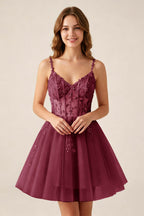 Blush Pink Sequin Corset Sleeveless Short Tulle Homecoming Dresses
