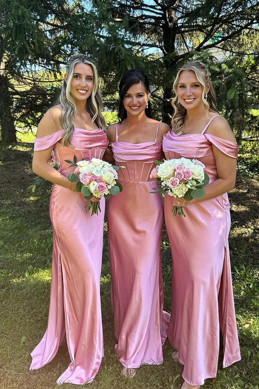 Blush Pink Sheath Straps Satin Bridesmaid Dresses With Slit