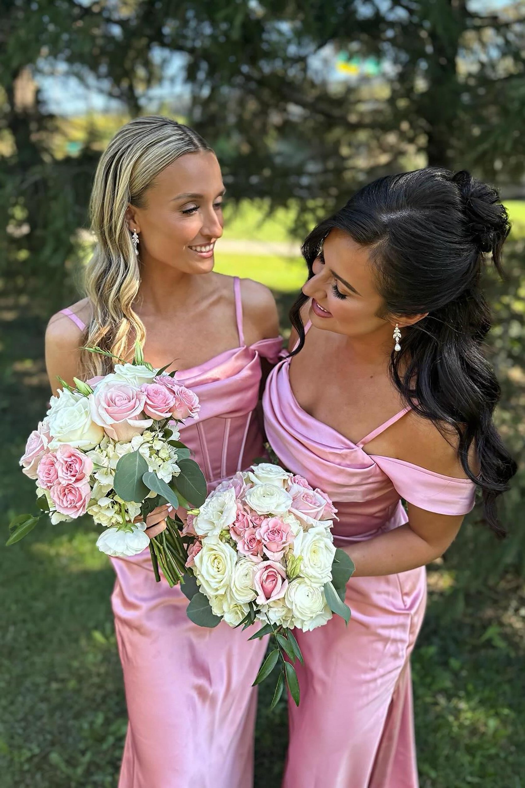 Blush Pink Sheath Straps Satin Bridesmaid Dresses With Slit – galaprom
