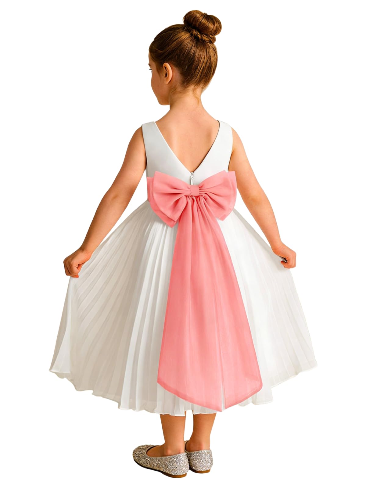 Elegant A-Line Pleated Chiffon Flower Girl Dress with Big Bow Sash