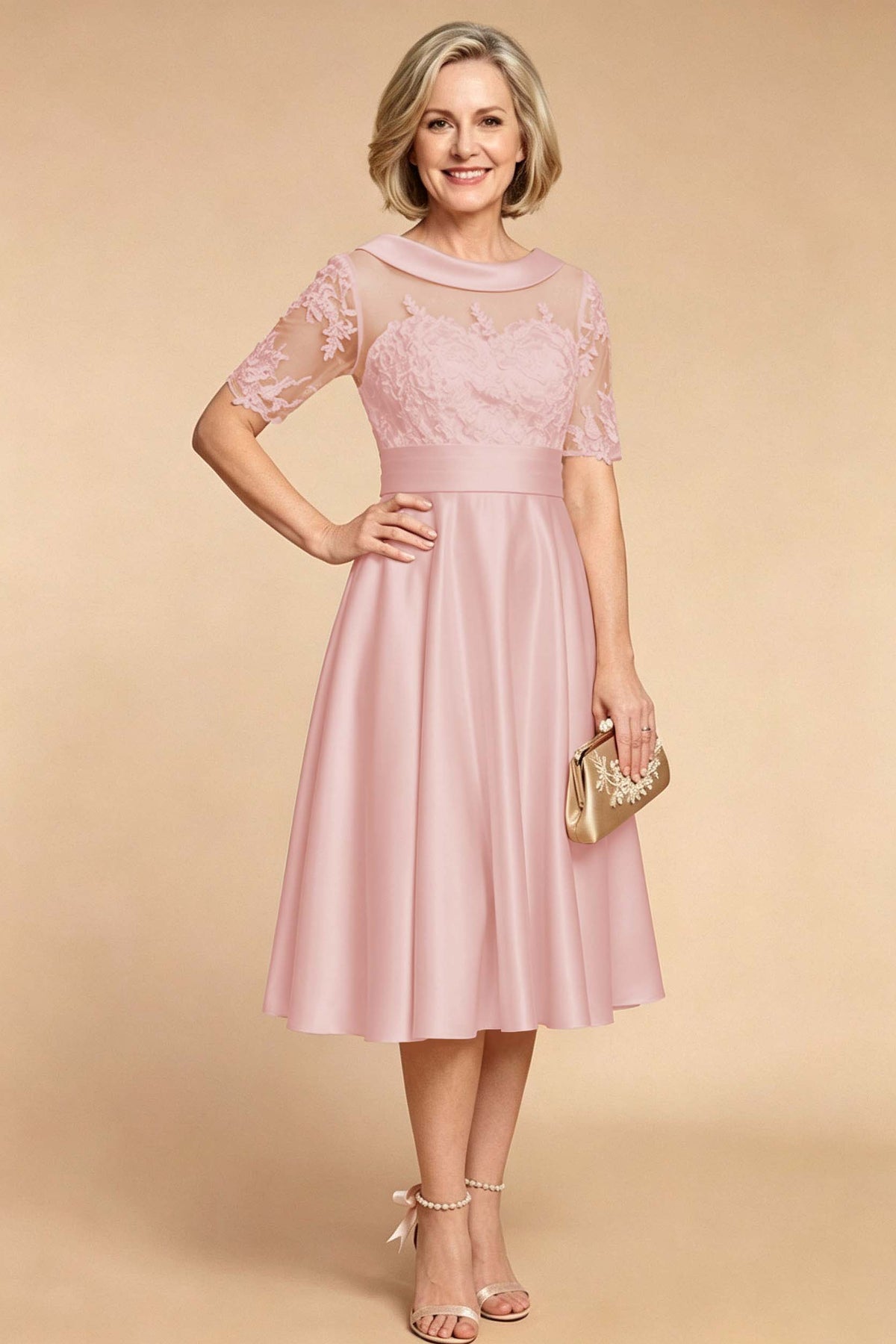 Champagne Imitation Stretch Satin Elbow Sleeve Tea-Length Mother Dresses
