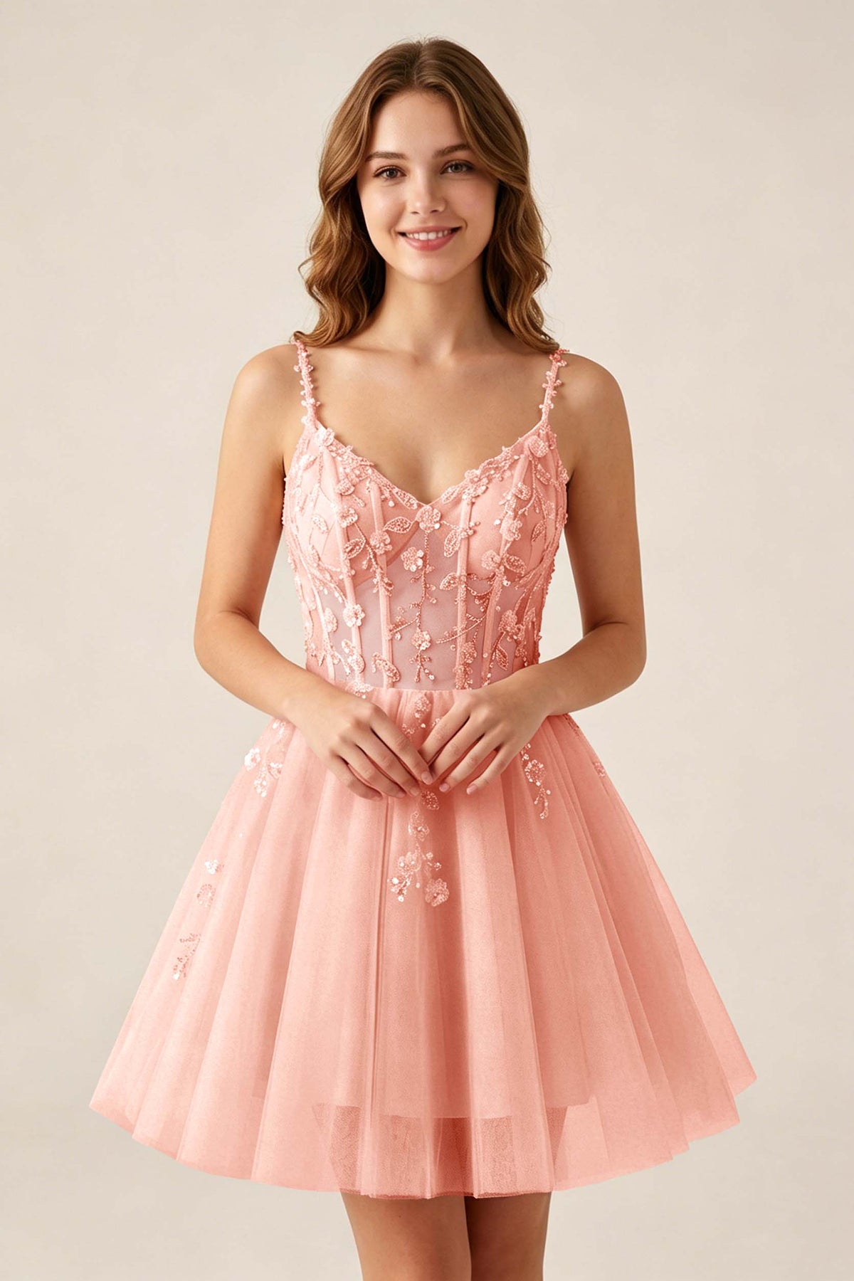 Blush Pink Sequin Corset Sleeveless Short Tulle Homecoming Dresses