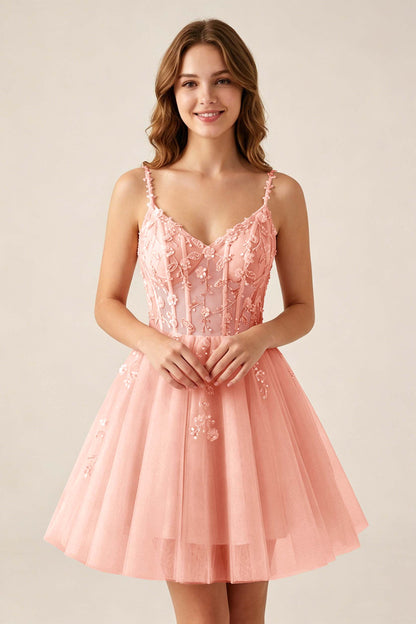 Blush Pink Sequin Corset Sleeveless Short Tulle Homecoming Dresses