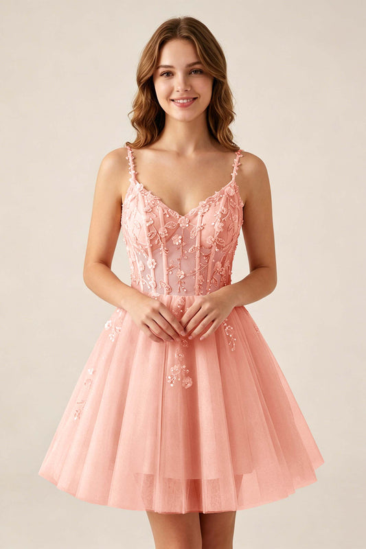 Blush Pink Sequin Corset Sleeveless Short Tulle Homecoming Dresses