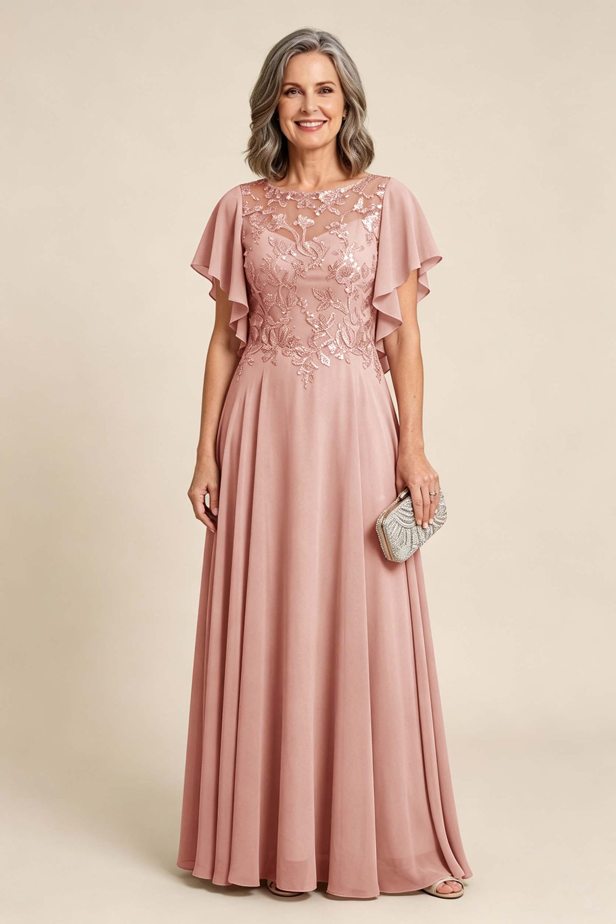 Lilac Scoop Neck Flutter Sleeve Lace Appliques Chiffon Mother Dresses