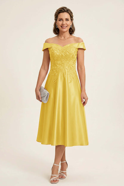Peach Pink Off Shoulder Imitation Stretch Satin Tea-Length Mother Dresses