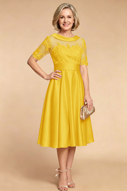Champagne Imitation Stretch Satin Elbow Sleeve Tea-Length Mother Dresses