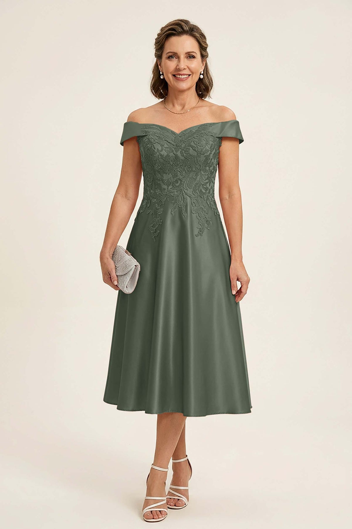 Peach Pink Off Shoulder Imitation Stretch Satin Tea-Length Mother Dresses