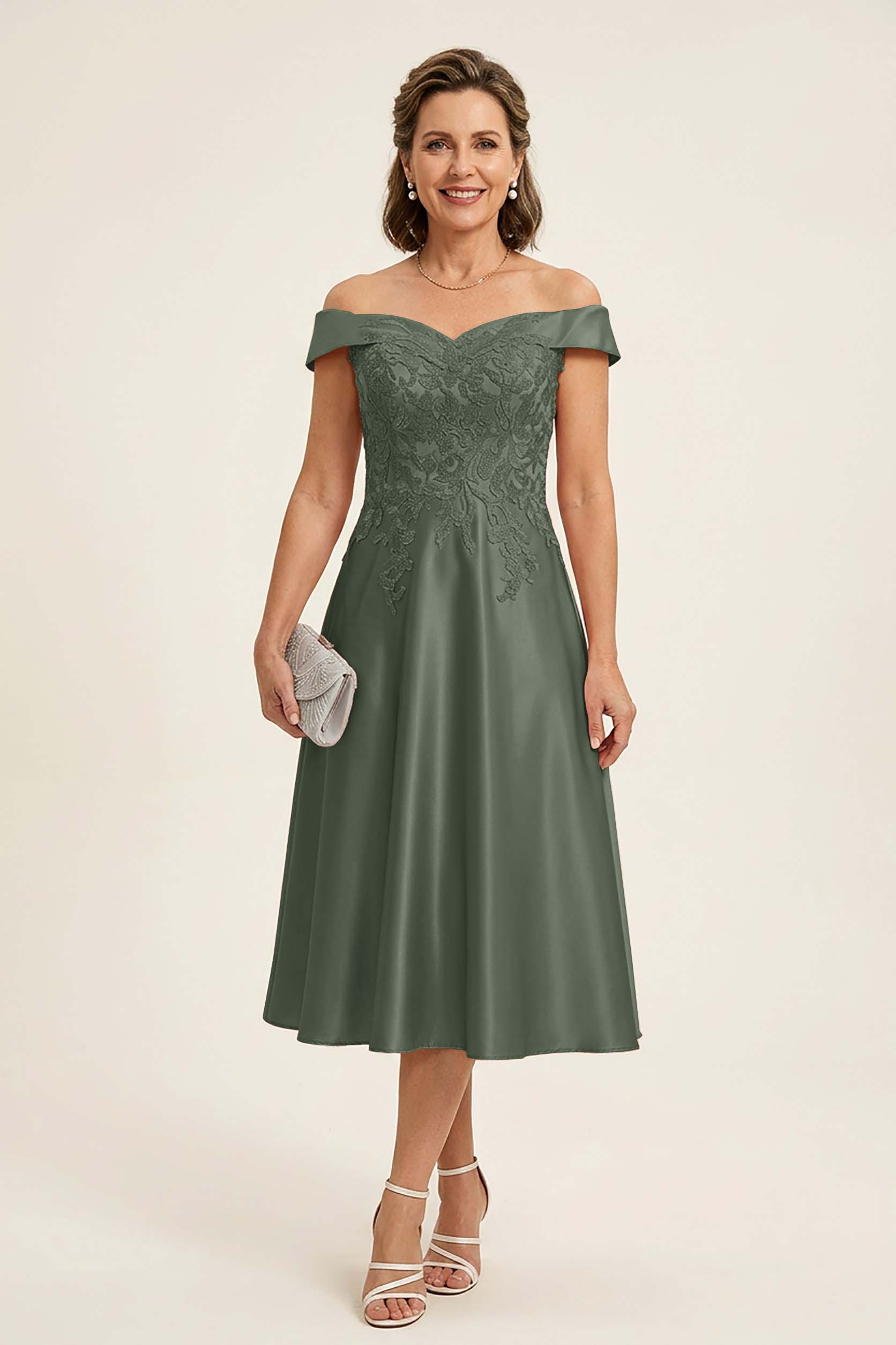 Peach Pink Off Shoulder Imitation Stretch Satin Tea-Length Mother Dresses