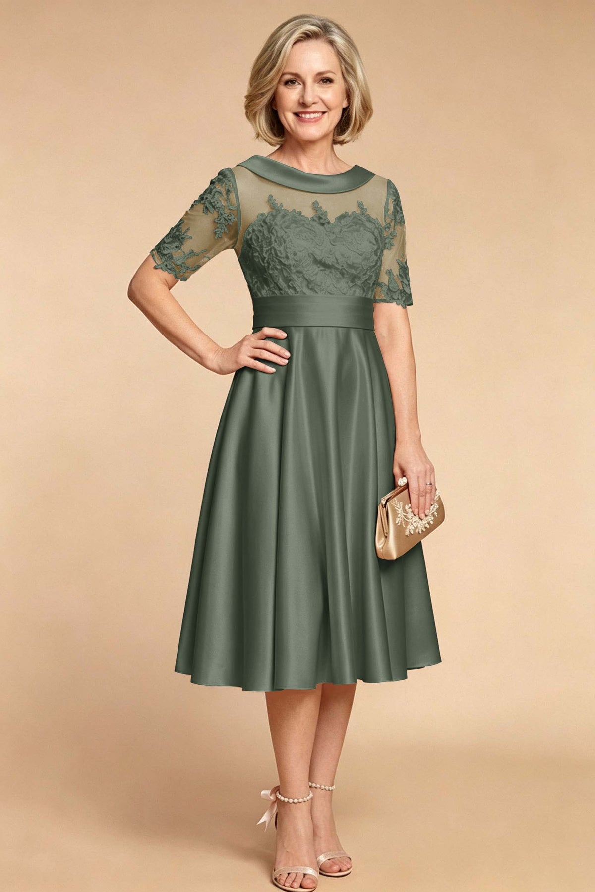 Champagne Imitation Stretch Satin Elbow Sleeve Tea-Length Mother Dresses