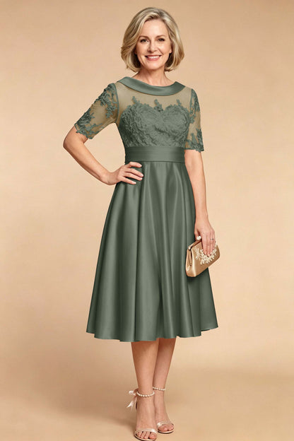 Champagne Imitation Stretch Satin Elbow Sleeve Tea-Length Mother Dresses