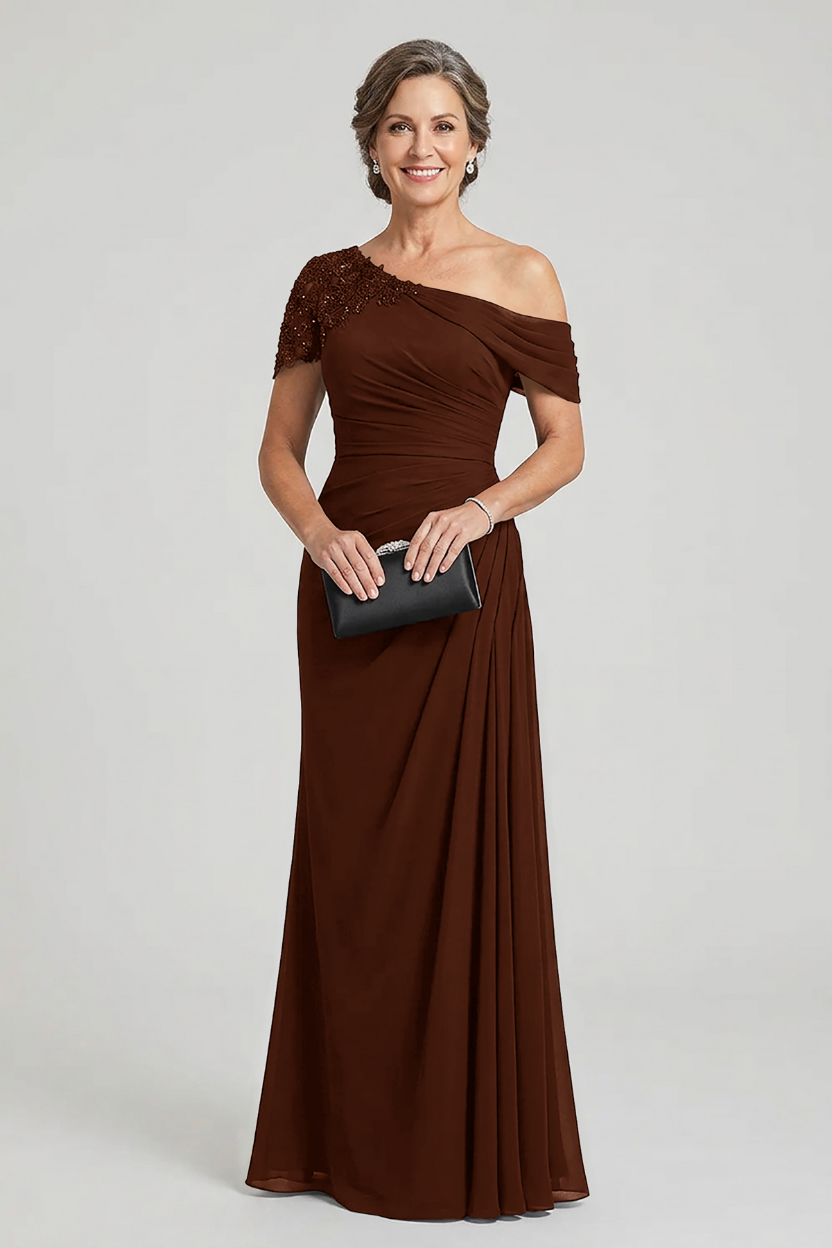 Black One-Shoulder Beaded Ruched Chiffon Mother Dresses