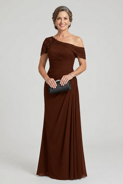 Black One-Shoulder Beaded Ruched Chiffon Mother Dresses