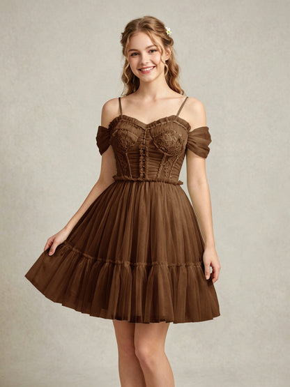 Cold Shoulder Lilac Tulle Dresses with Corset Bodice and Lace Appliques