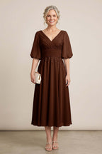 Dusty Blue V-Neck Lace Chiffon Tea-Length Mother Dresses