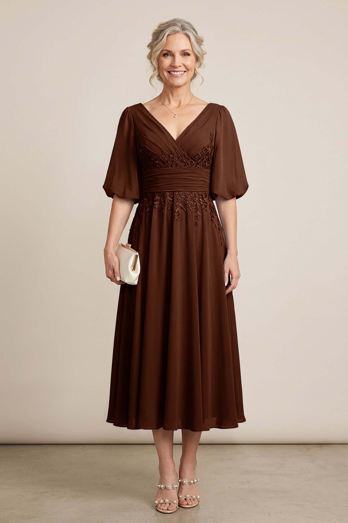 Dusty Blue V-Neck Lace Chiffon Tea-Length Mother Dresses