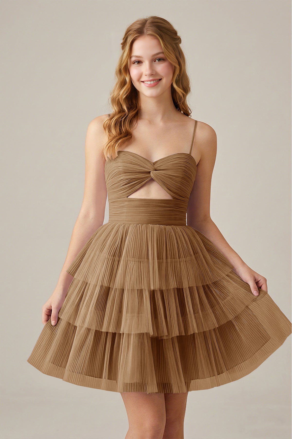 Olive Green Sleeveless Pleated Tulle Cutout Tiered Homecoming Dresses