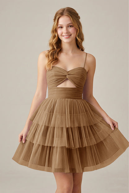 Olive Green Sleeveless Pleated Tulle Cutout Tiered Homecoming Dresses