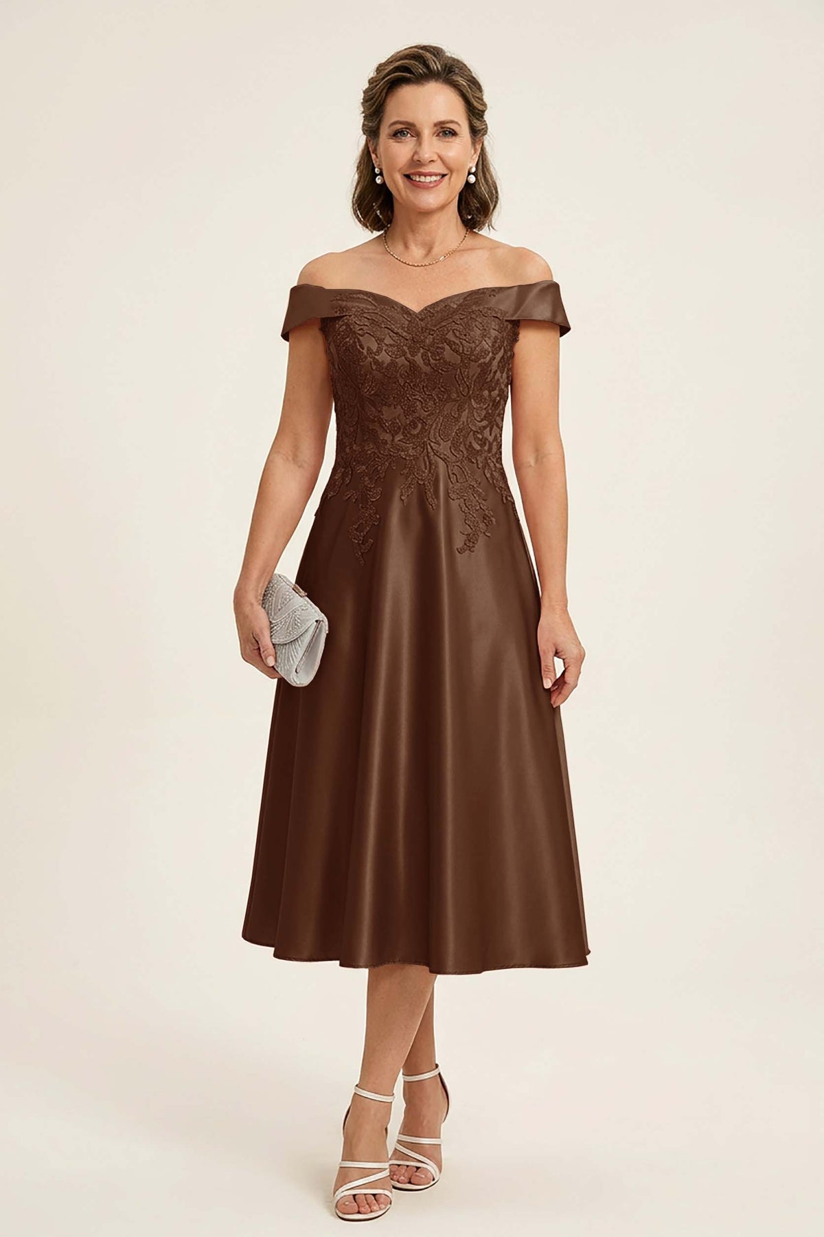 Peach Pink Off Shoulder Imitation Stretch Satin Tea-Length Mother Dresses