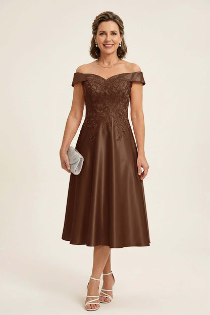 Peach Pink Off Shoulder Imitation Stretch Satin Tea-Length Mother Dresses