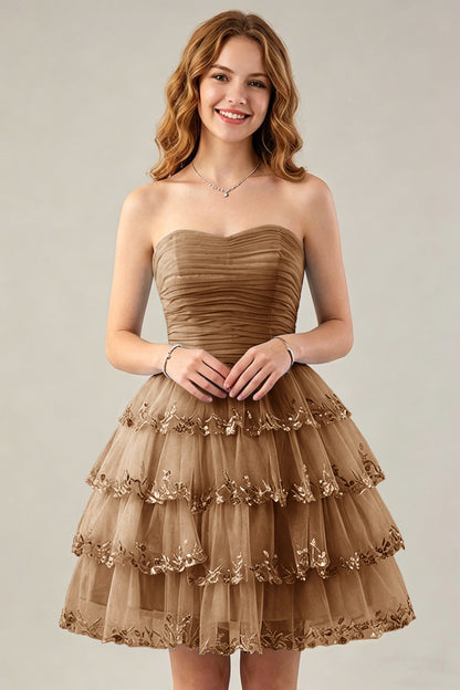 Strapless Light Blue Tulle Tiered Homecoming Dresses with Beaded Lace Trim