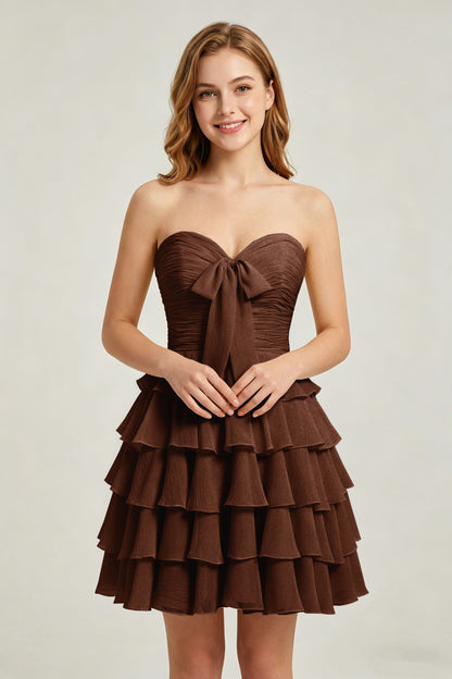Strapless Yellow Chiffon Tiered Short Homecoming Dresses with Bow