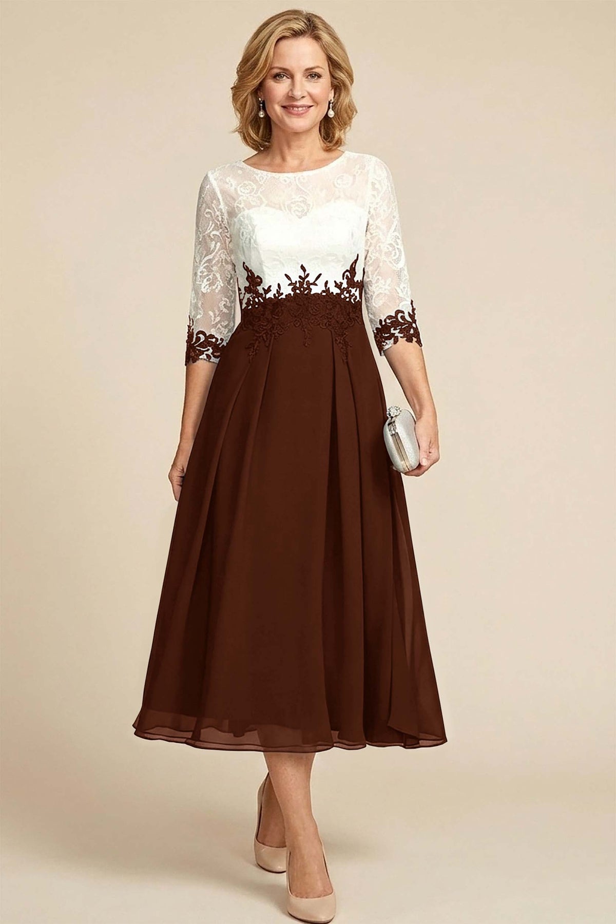 Navy Blue 3/4 Sleeve Two-Tone Lace Chiffon Mother Dresses