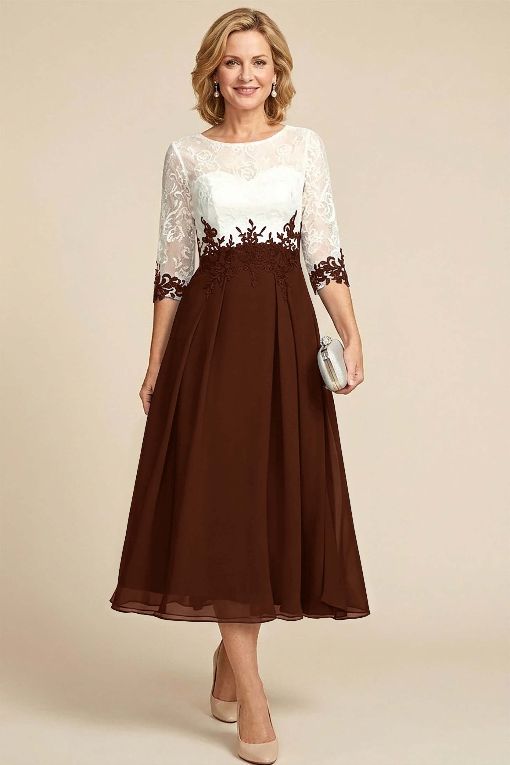 Navy Blue 3/4 Sleeve Two-Tone Lace Chiffon Mother Dresses