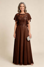 Lilac Scoop Neck Flutter Sleeve Lace Appliques Chiffon Mother Dresses
