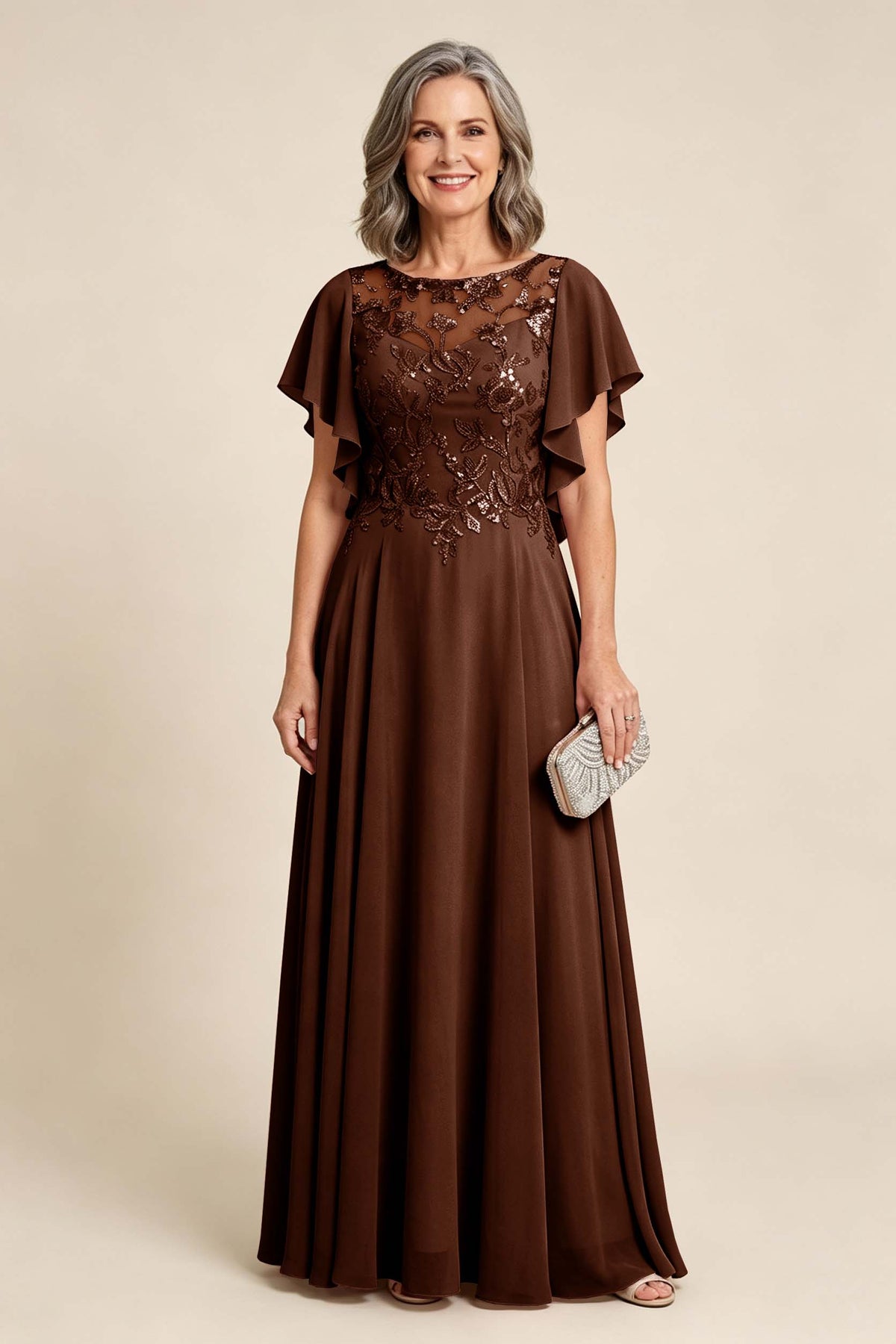 Lilac Scoop Neck Flutter Sleeve Lace Appliques Chiffon Mother Dresses