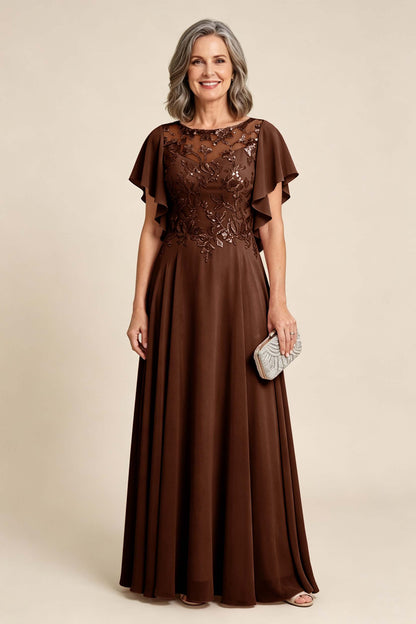Lilac Scoop Neck Flutter Sleeve Lace Appliques Chiffon Mother Dresses