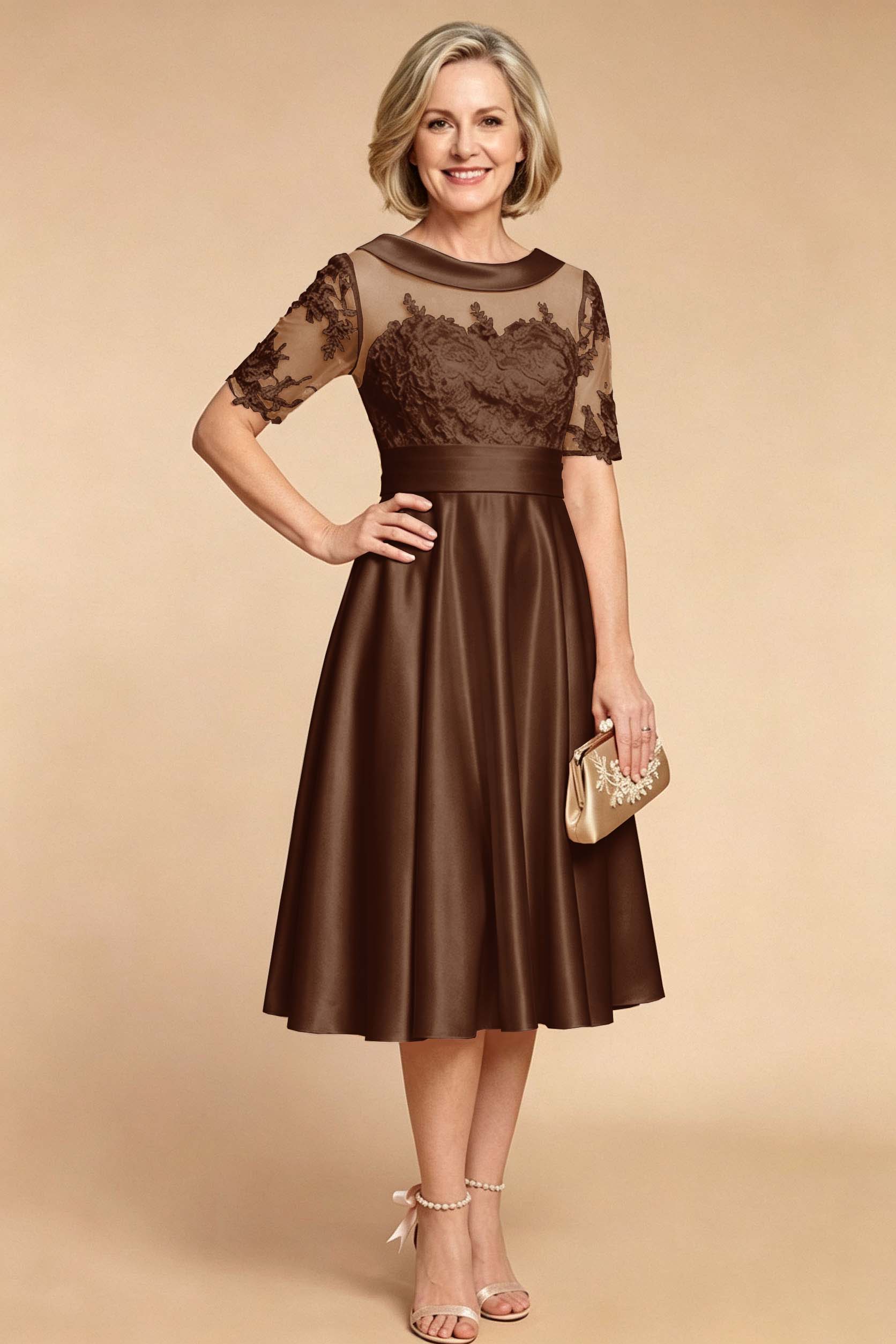Champagne Imitation Stretch Satin Elbow Sleeve Tea-Length Mother Dresses