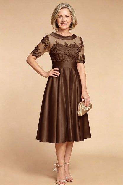 Champagne Imitation Stretch Satin Elbow Sleeve Tea-Length Mother Dresses
