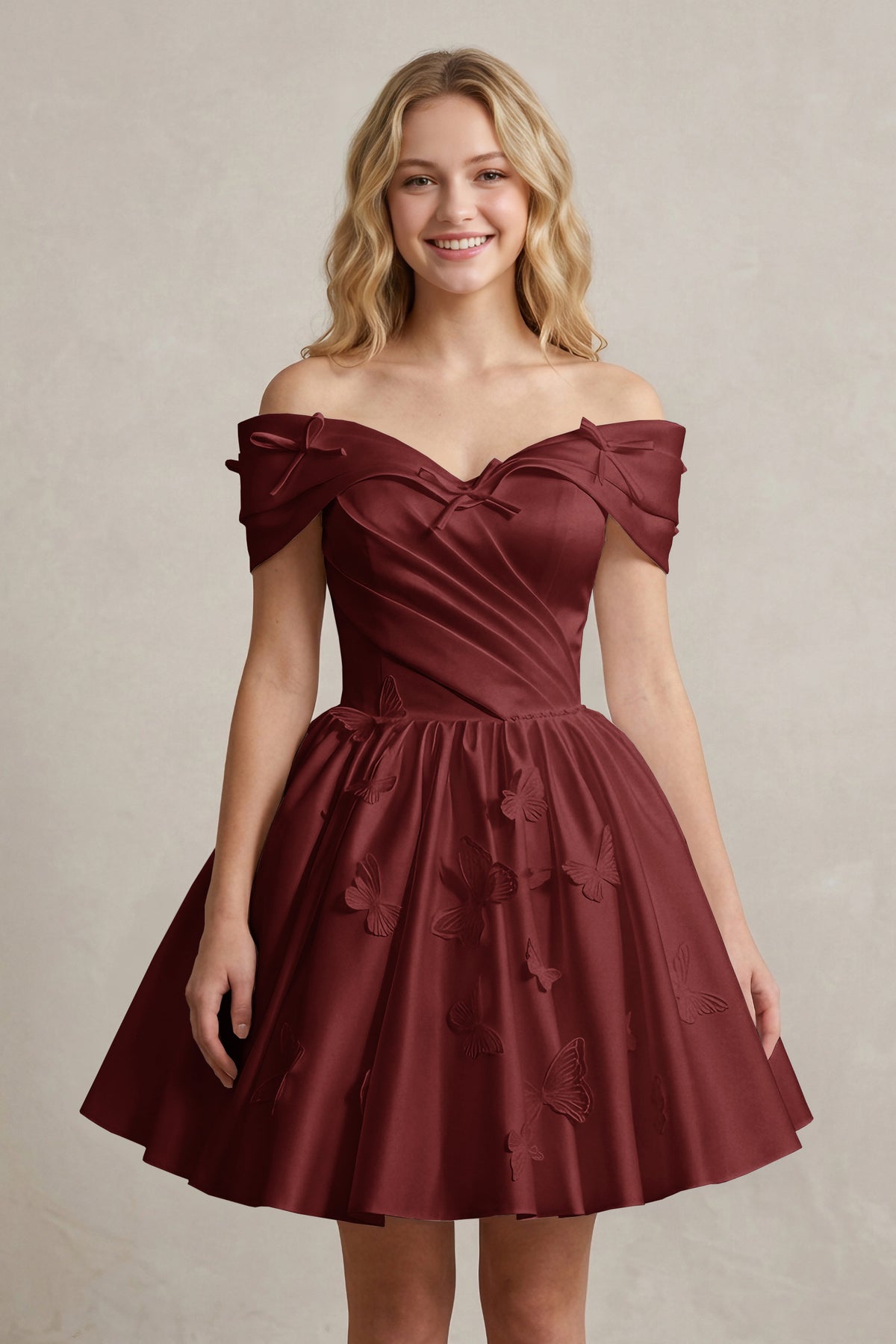 A Line Off Shoulder Ivory Satin Short Homecoming Dresses