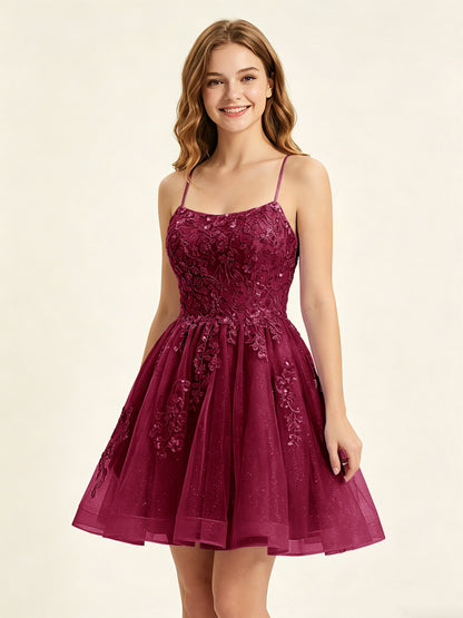 A Line Sequins Lilac Tulle Homecoming Dresses with Appliques