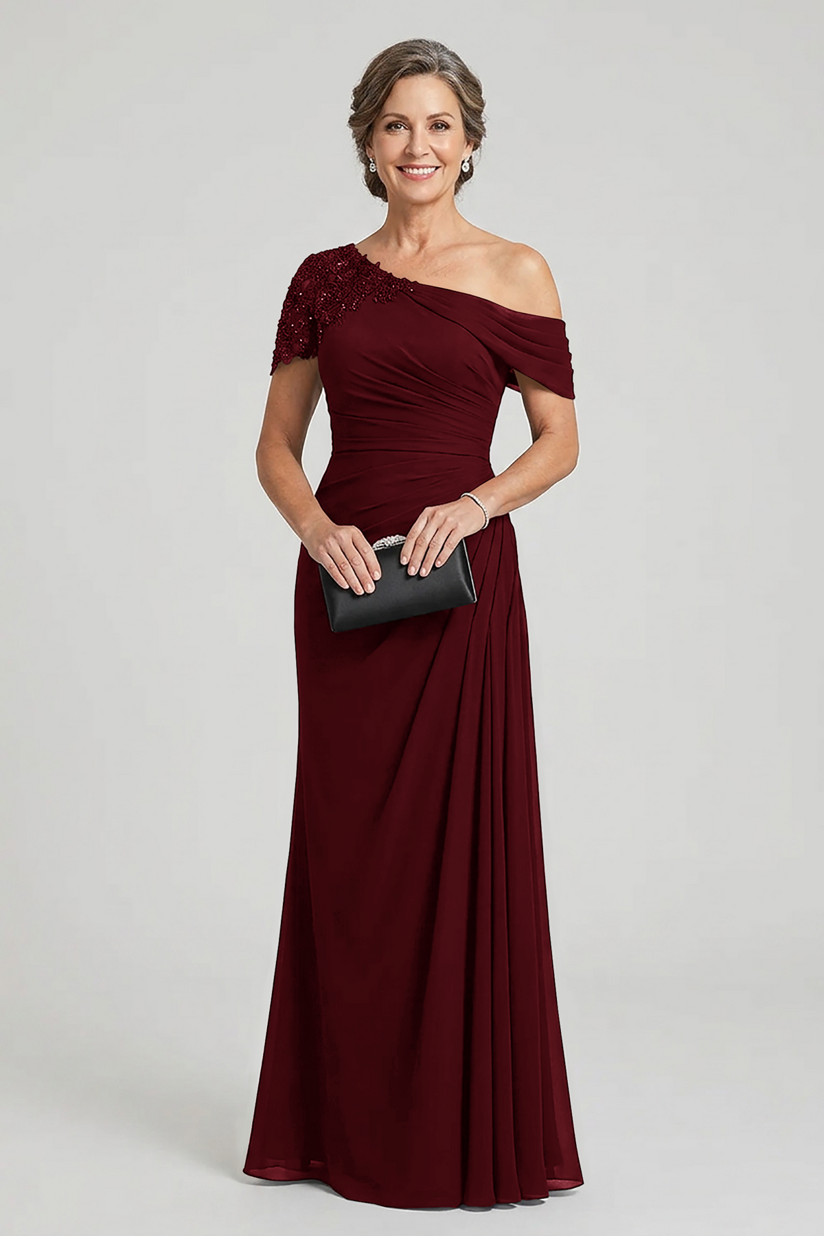 Black One-Shoulder Beaded Ruched Chiffon Mother Dresses