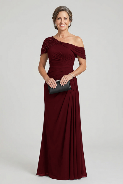 Black One-Shoulder Beaded Ruched Chiffon Mother Dresses