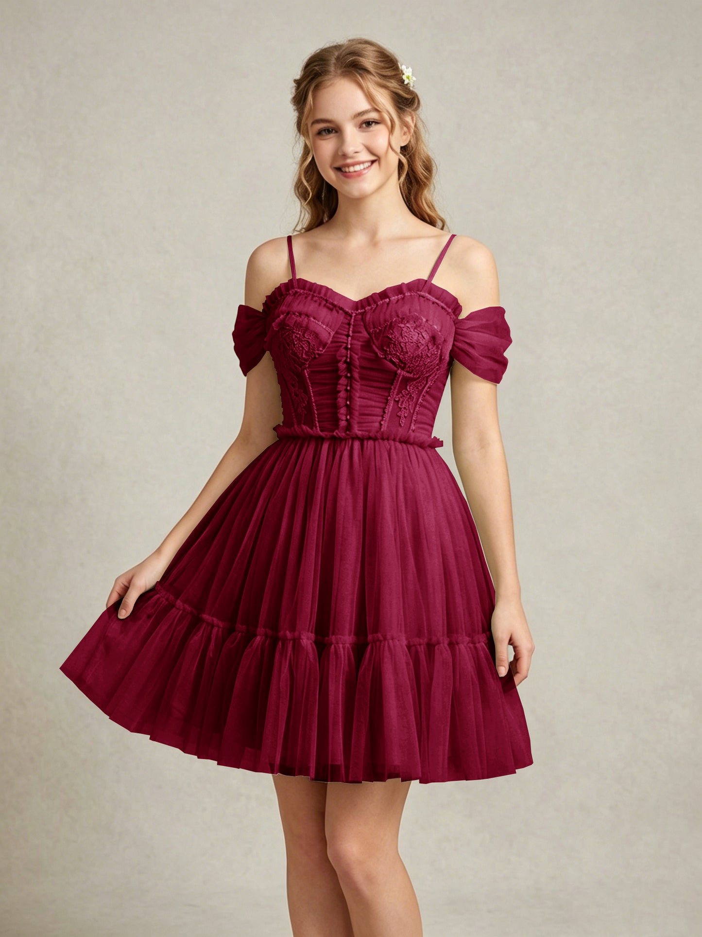 Cold Shoulder Lilac Tulle Dresses with Corset Bodice and Lace Appliques