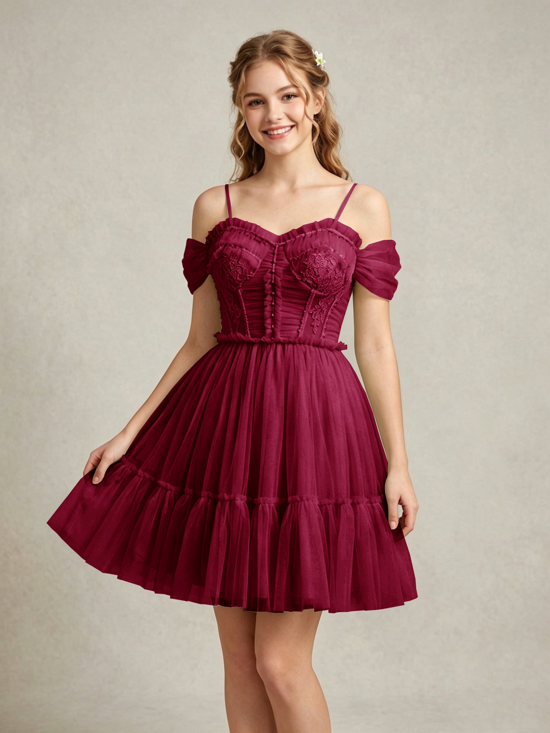 Cold Shoulder Lilac Tulle Dresses with Corset Bodice and Lace Appliques